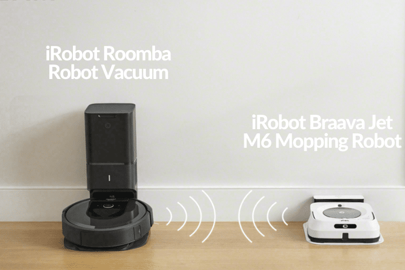Die Kommunikation eines iRobot Roomba Saugroboters mit einem iRobot Braava Jet Wischroboter über die Imprint Technologie wird dargestellt.